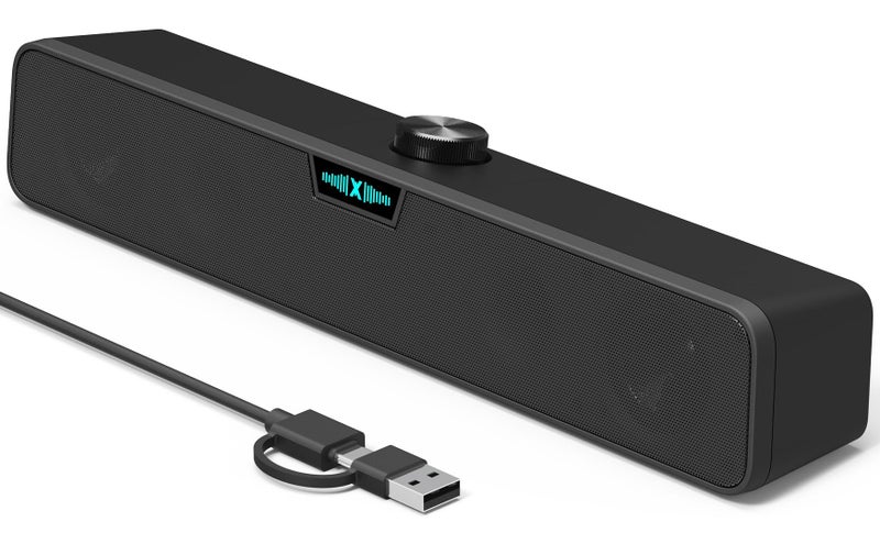 XKX Computer Speakers Soundbar for Desktop PC Mac, USB Plug-in, Wired, External Speakers for Laptop Desk Monitor, RGB Gaming Sound bar with HD Stereo Loud Sound, Punchy Bass, Volume Knob, USB C Adapter - Image 1