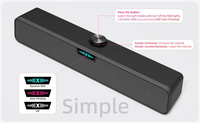 XKX Computer Speakers Soundbar for Desktop PC Mac, USB Plug-in, Wired, External Speakers for Laptop Desk Monitor, RGB Gaming Sound bar with HD Stereo Loud Sound, Punchy Bass, Volume Knob, USB C Adapter - Image 4