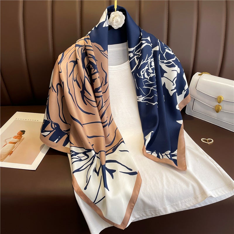 Rose Scarf Women's Twill Large Square Scarf All-match Decorative Shawl Autumn and Winter Scarf Color Matching Fashion Scarf Sunscreen  - Image 2