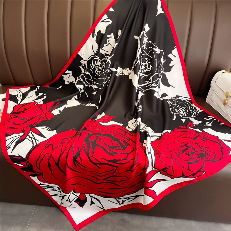Rose Scarf Women's Twill Large Square Scarf All-match Decorative Shawl Autumn and Winter Scarf Color Matching Fashion Scarf Sunscreen  - Image 3
