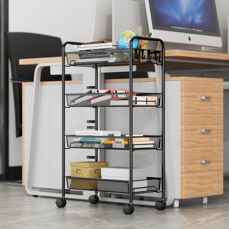 OVICAR 4 Tier Mesh Wire Rolling Cart, Kitchen Storage Organizer Utility Cart, Full Metal Basket Storage Art Trolley Carts with Wheels & 4 Side Hooks - Image 2