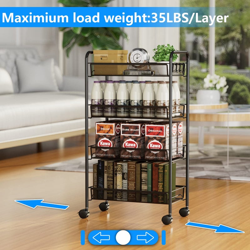 OVICAR 4 Tier Mesh Wire Rolling Cart, Kitchen Storage Organizer Utility Cart, Full Metal Basket Storage Art Trolley Carts with Wheels & 4 Side Hooks - Image 4