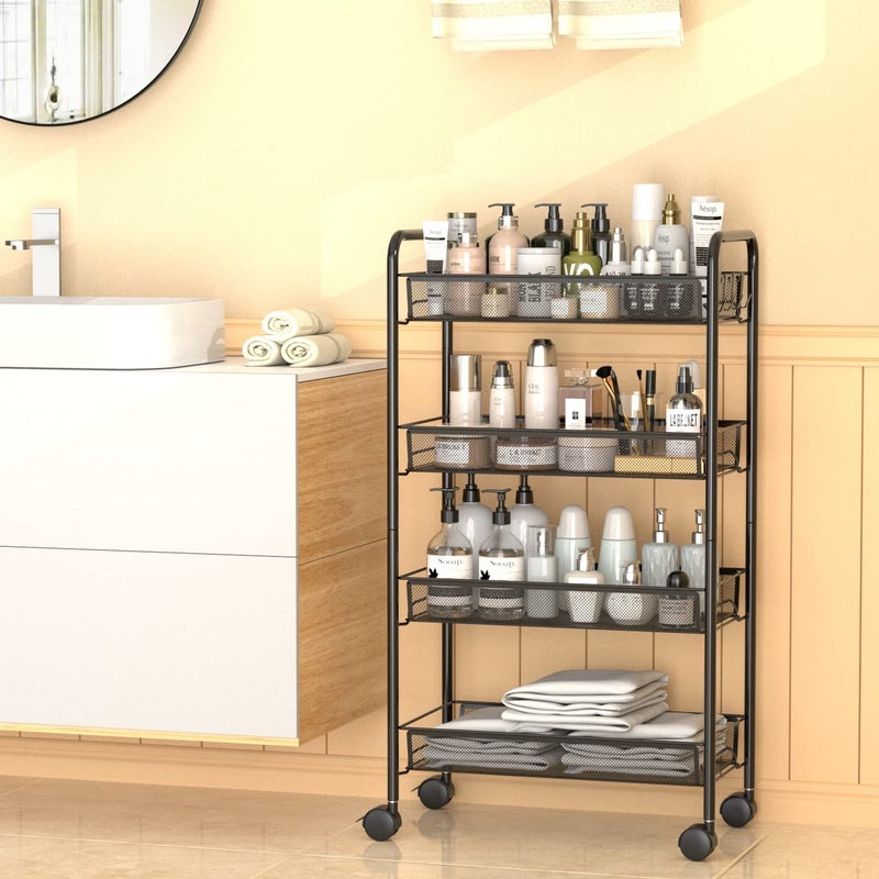 OVICAR 4 Tier Mesh Wire Rolling Cart, Kitchen Storage Organizer Utility Cart, Full Metal Basket Storage Art Trolley Carts with Wheels & 4 Side Hooks - Image 5