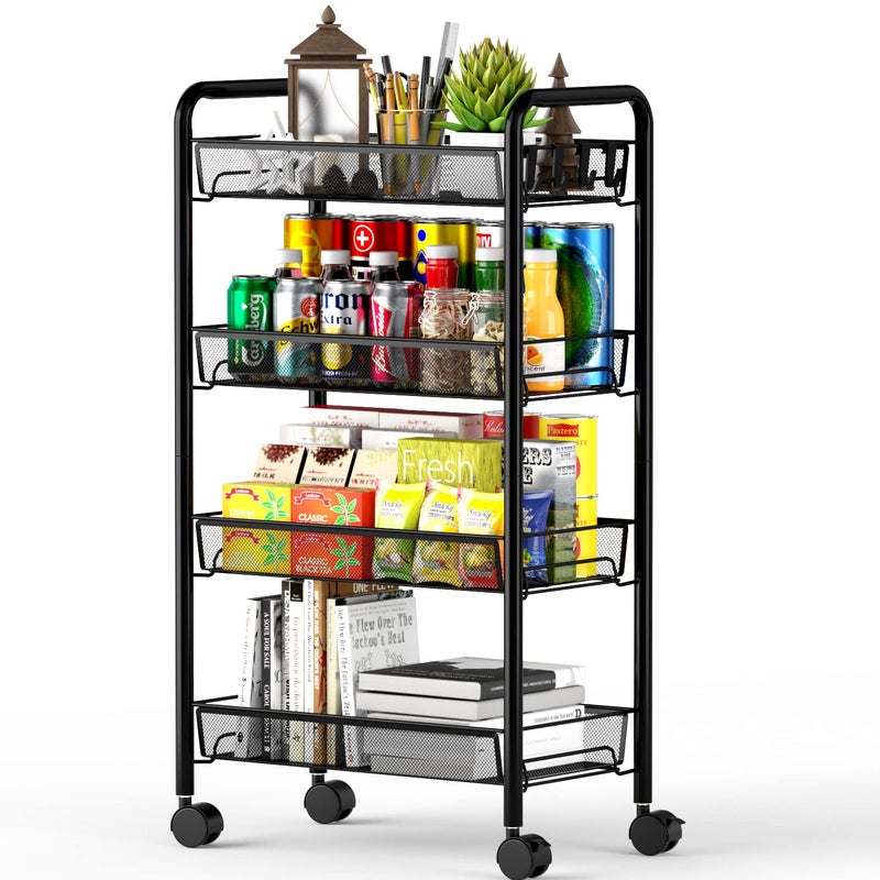 OVICAR 4 Tier Mesh Wire Rolling Cart, Kitchen Storage Organizer Utility Cart, Full Metal Basket Storage Art Trolley Carts with Wheels & 4 Side Hooks - Image 1
