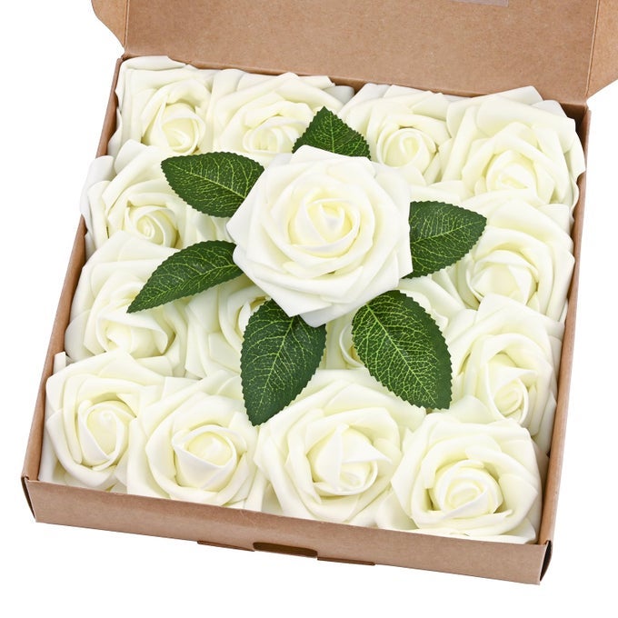 16PCS ARTIFICIAL FLOWERS FAKE ROSES WITH STEMS IVORY WHITE BOXED FOAM ROSES FOR DIY BOUQUETS CENTERPIECES WEDDING PARTY ARRANGEMENT BRIDAL SHOWER DECOR