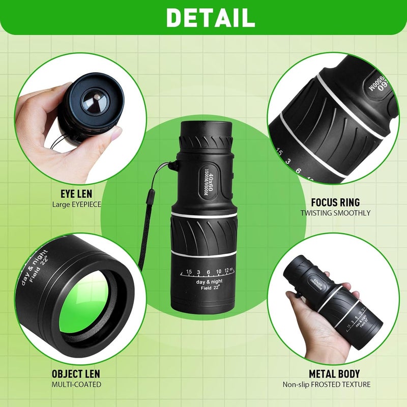HDAJY Monocular Telescope, Upgrade 40 x 60 Portable Telescope, Monoculars for Adults High Powered, Suit Stargazing, Hunting, Bird Watching, Hiking Travel, Camping, Black - Image 3