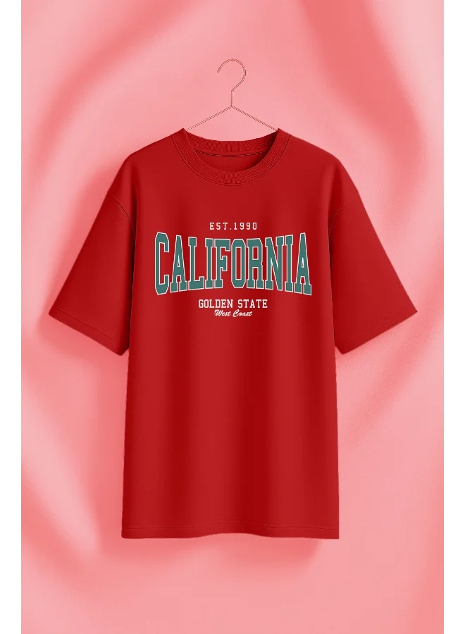 جونبيري JUNEBERRY® Pure Cotton Oversized Baggy Fit California Printed Red T-Shirt for Women (OS_J_CLIFRNIA_RD_S)