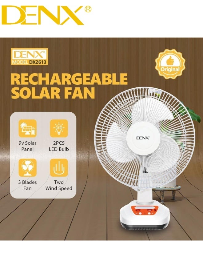 Denx "DENX Rechargeable Solar Fan DX2613 – Equipped with a 9V Solar Panel for Efficient Charging, 3 Strong Blades for Powerful Airflow, Dual Wind Speed Control, Up to 8 Hours Working Time, and 2 Built-in LED Lights – Perfect for Home, Camping, and Emergency Use" - Image 4