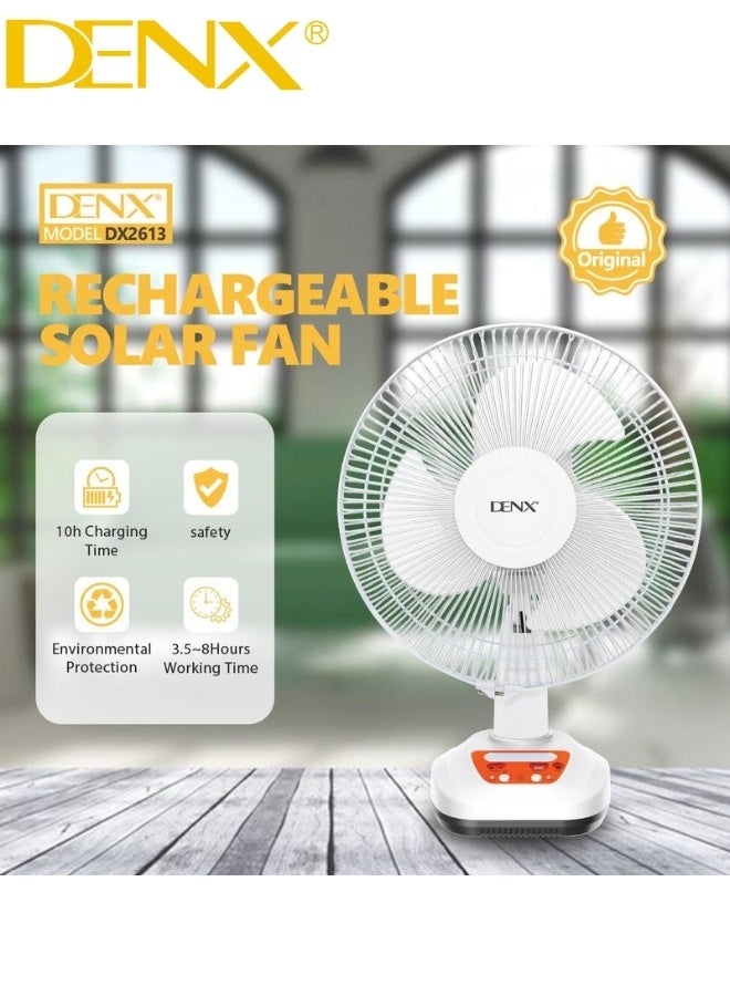 Denx "DENX Rechargeable Solar Fan DX2613 – Equipped with a 9V Solar Panel for Efficient Charging, 3 Strong Blades for Powerful Airflow, Dual Wind Speed Control, Up to 8 Hours Working Time, and 2 Built-in LED Lights – Perfect for Home, Camping, and Emergency Use" - Image 3