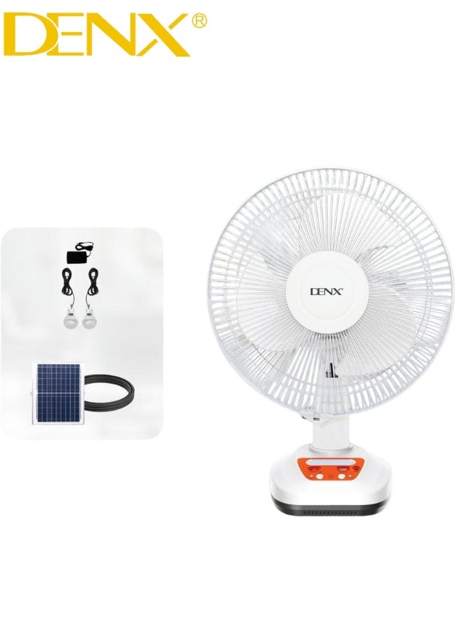 Denx "DENX Rechargeable Solar Fan DX2613 – Equipped with a 9V Solar Panel for Efficient Charging, 3 Strong Blades for Powerful Airflow, Dual Wind Speed Control, Up to 8 Hours Working Time, and 2 Built-in LED Lights – Perfect for Home, Camping, and Emergency Use" - Image 1
