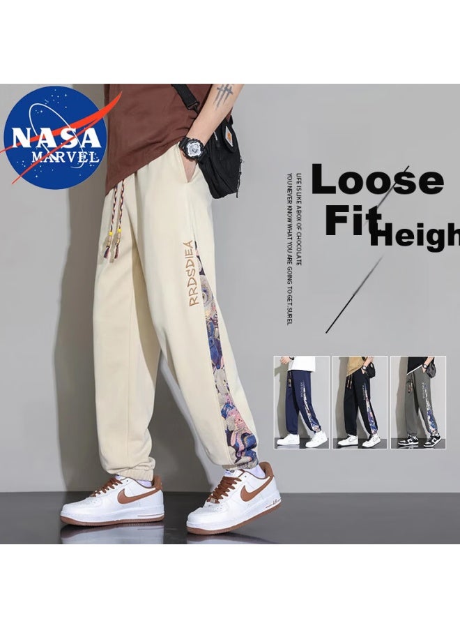 Nasa Marvel Casual Pants Spring Autumn Men's Embroidered Lightweight Trendy Outdoor Sports Loose Jogger Drawstring Pants Beige 4XL - Image 1