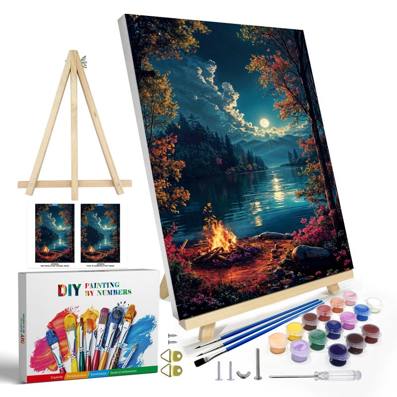 JOOZ Paint by Numbers Kit for Adults with Frame Landscape Paint by Numbers for Adults Moon Lake Paint by Number with Easel DIY Acrylic Oil Painting Kit for Home Wall Decor 8 x 12 Inch