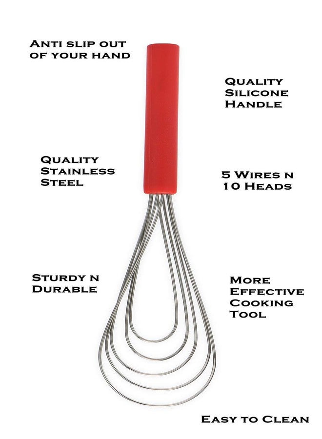 Jell-Cell Flat Whisk Silicone Handle Non Slip 10" - 5 Wires Whisk with 10 Heads for Kitchen Cooking Color Red by Jell-Cell - Image 4