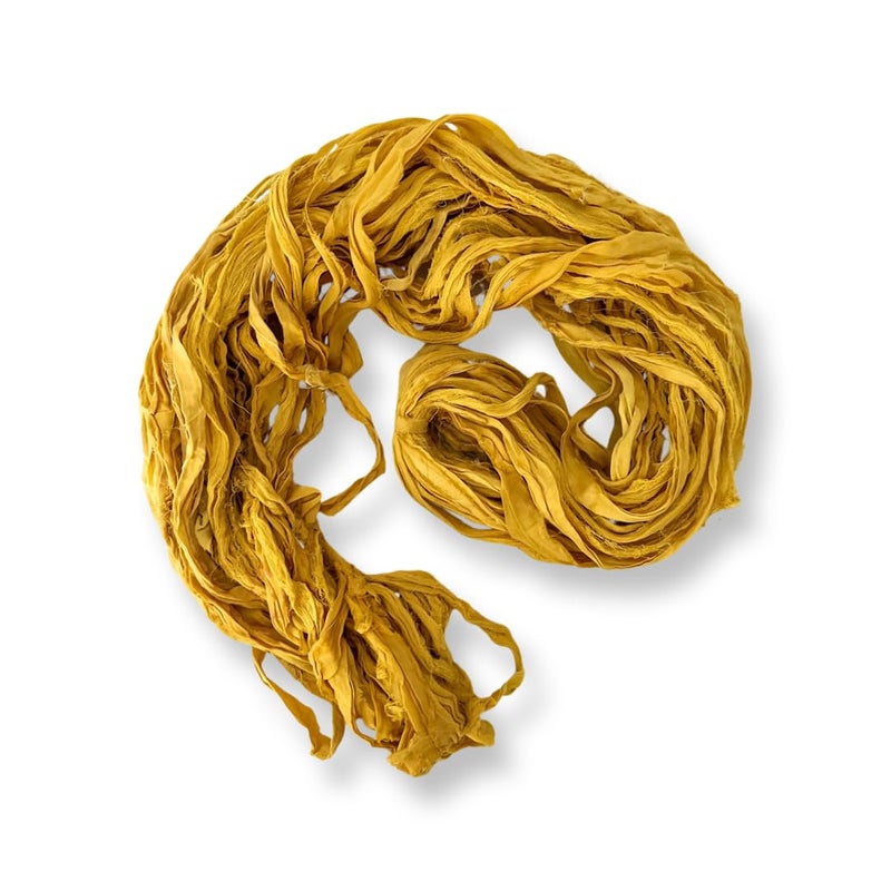 Revolution Fibers 100 Recycled Saree Sari Silk Ribbon Yarn Bulky Weight 50 Yards per 100 Grams Knitting Crocheting Jewelry Making Gift Wrapping and Weaving Harvest Gold