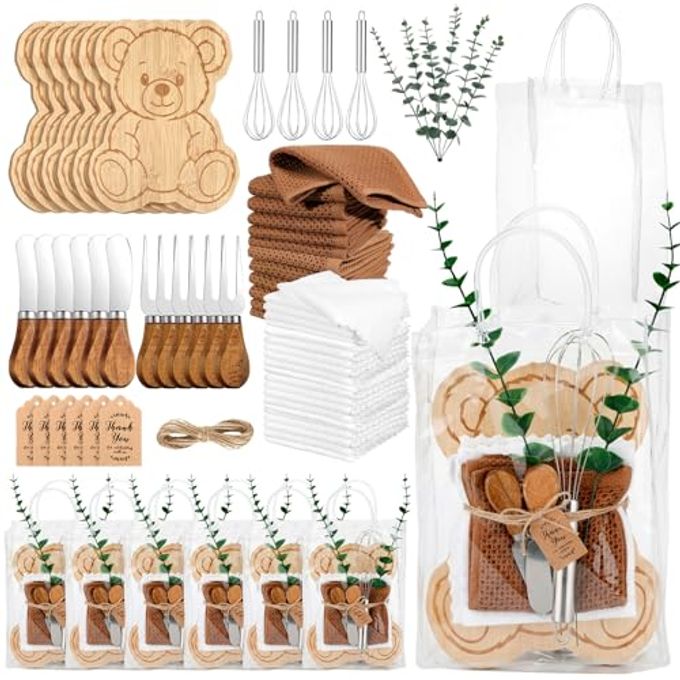 Patelai 6 Sets Baby Shower Prizes for Game Player Baby Shower Winners Gifts Cheese Boards Forks Knives Towels Whisks Artificial Eucalyptus Stems Bags Thank You Cards for Guests Bridal(Retro Color)