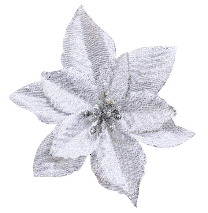 24 SET CHRISTMAS SILVER GLITTER POINSETTIA FLOWER PICKS CHRISTMAS TREE ORNAMENTS FOR WHITE SILVER CHRISTMAS TREE WREATHS GARLAND HOLIDAY SEASONAL WEDDING DECORATIONS WHITE GIFT BOX INCLUDED