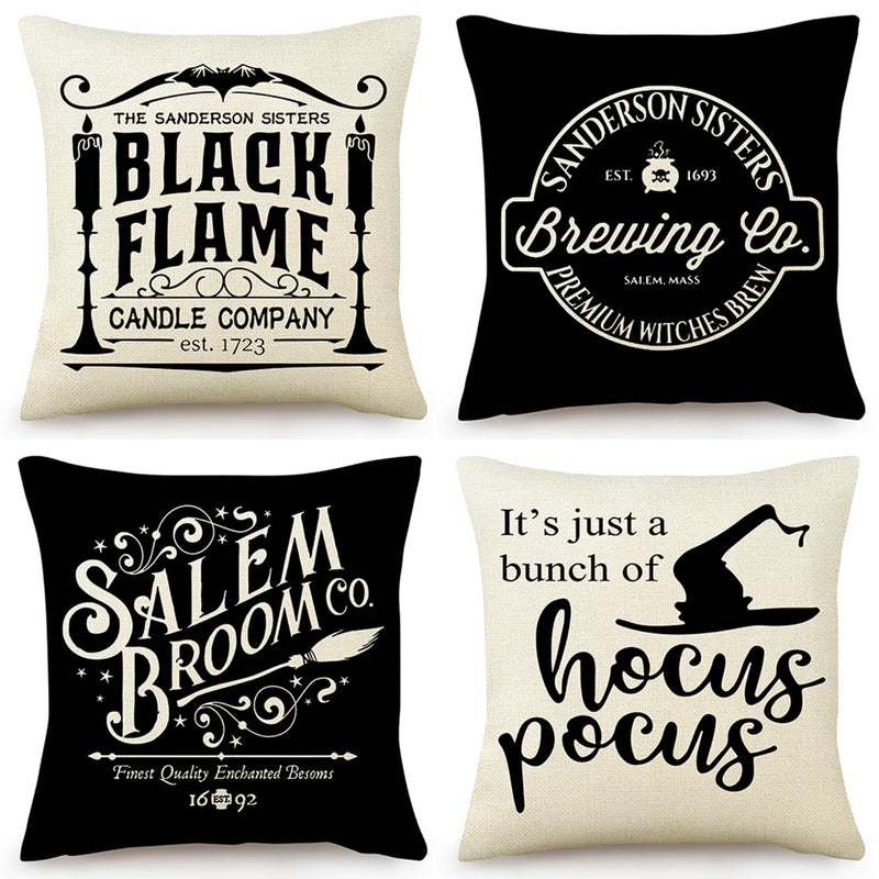LEIOH Halloween Decorations Pillow Covers 18x18 Set of 4 Halloween Decor Hocus Pocus Farmhouse Saying Fall Decor Pillows for Home Sofa Couch