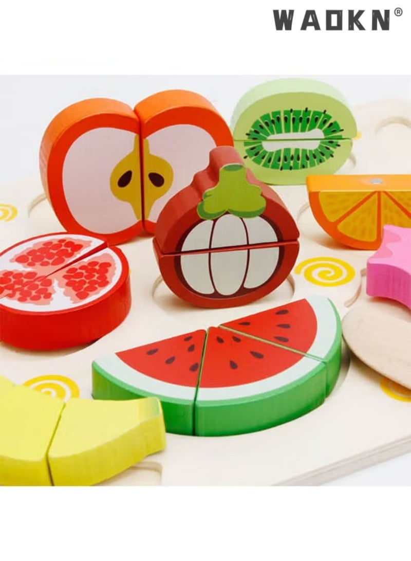 WAOKN Wooden Magnetic Puzzles, Early Education for Children, Sliceable Fruits and Vegetables, Kitchen games, Toys with Wooden Cutting Boards，Kids Food Cutting Toy Set Educational Kitchen Role Play Toys for Toddlers Kids Includes Cutting Board Knife Sliceable Fruits Vegetables for Aspiring Young Chefs Pretend Play - Image 3