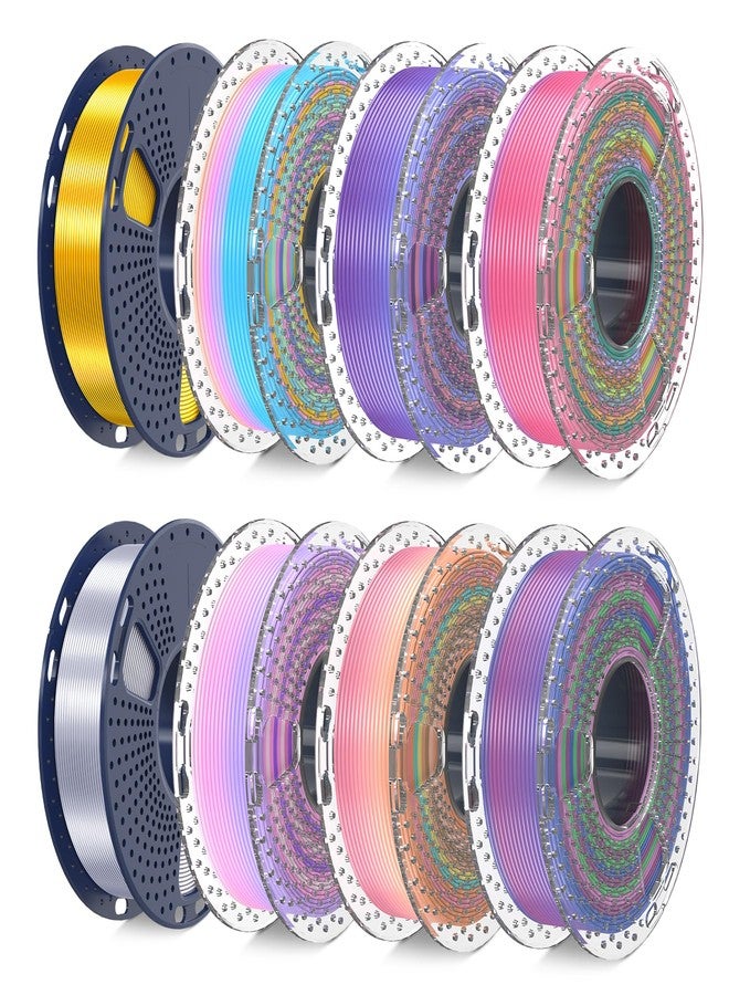 SUNLU 3D Printer Filament Bundle, PLA Silk Rainbow Filament Multicolor, Fast Color Change Each 8 Meters, Individually Vacuum Packed, 250g Spool, 8 Rolls, 2kg Total, 6 Silk Rainbow+Light Gold+Silver - Image 1