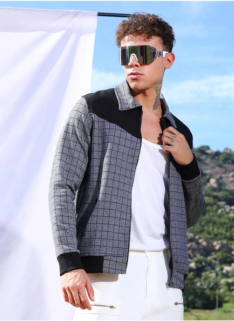 كامبوس سوترا Men's Grey Zip-Front Graph Checkered Jacket