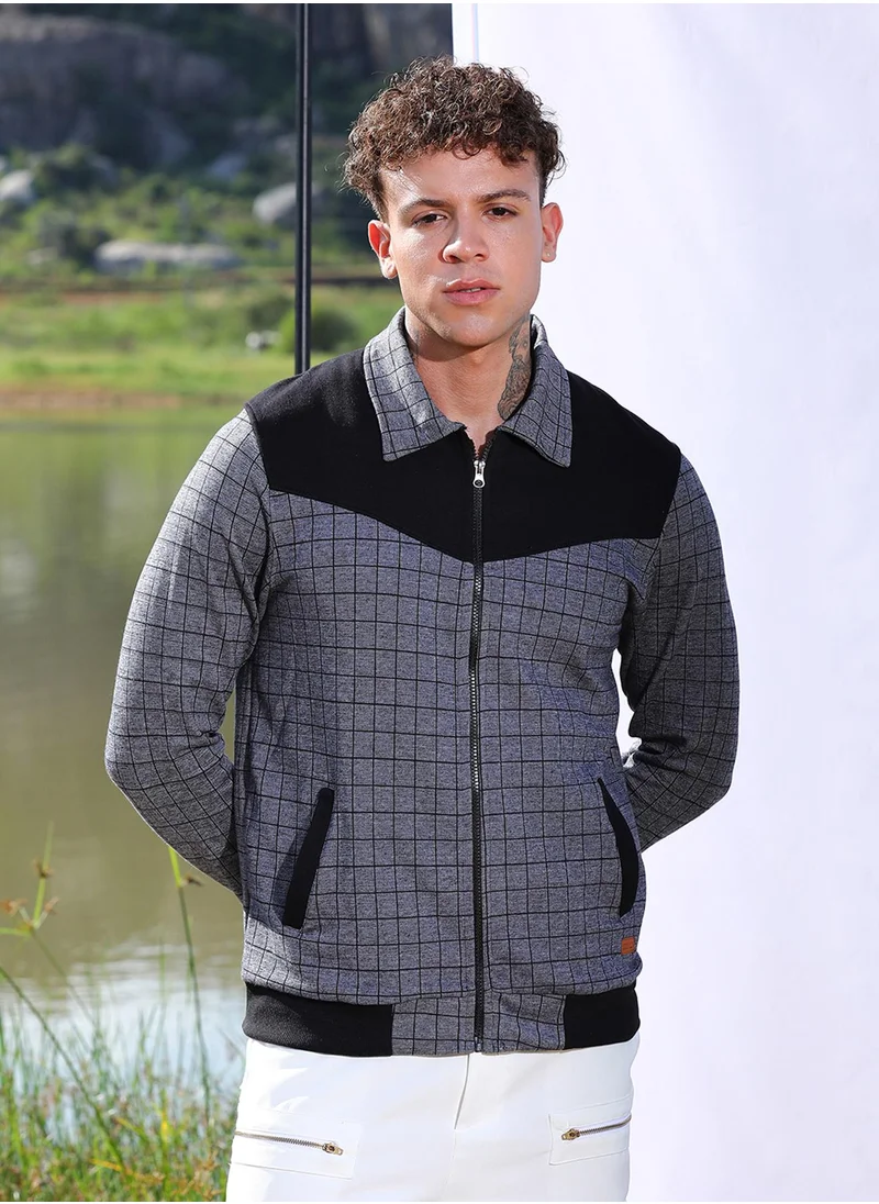 كامبوس سوترا Men's Grey Zip-Front Graph Checkered Jacket