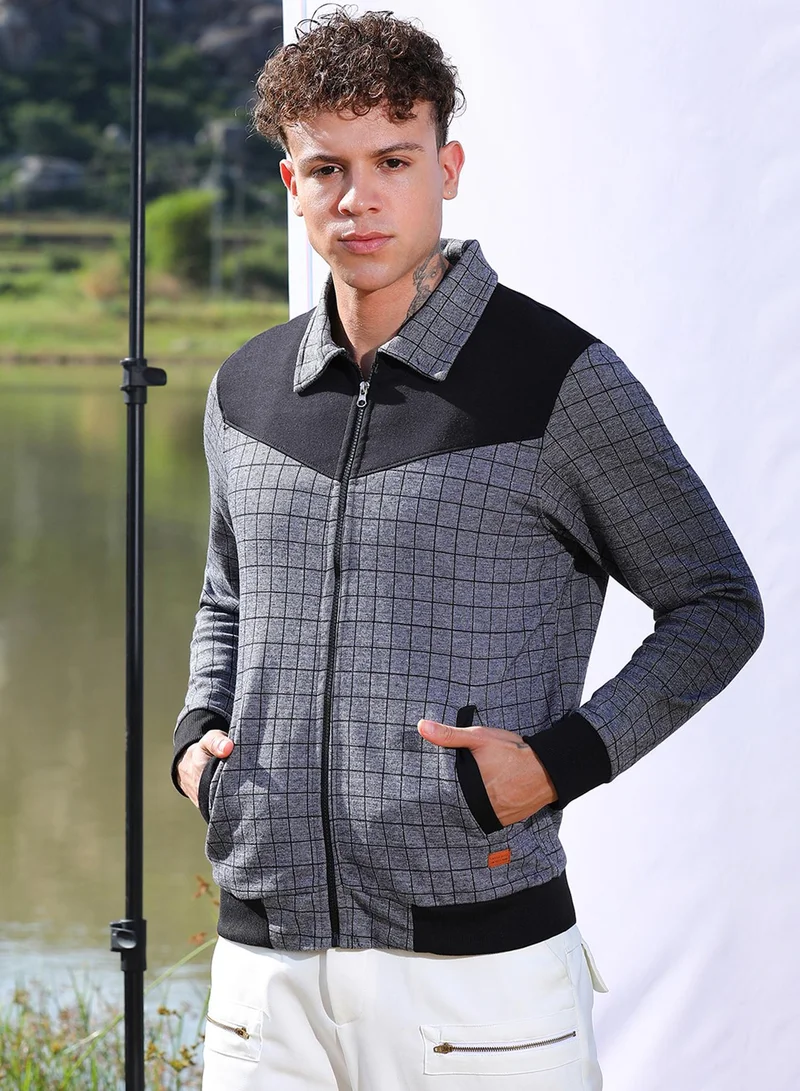 Campus Sutra Men's Grey Zip-Front Graph Checkered Jacket