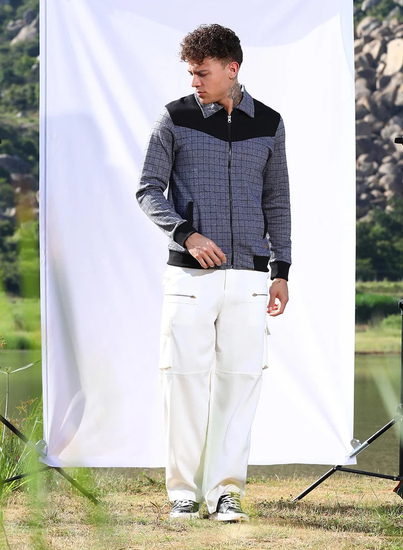 Campus Sutra Men's Grey Zip-Front Graph Checkered Jacket