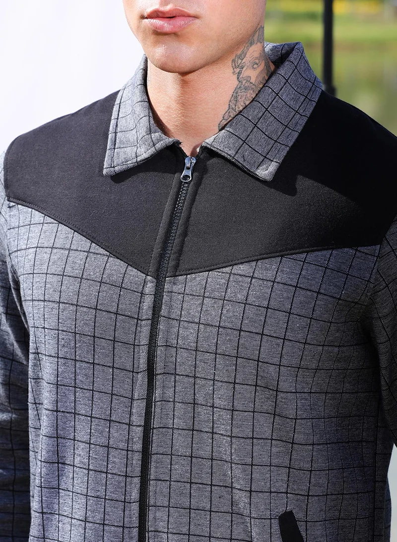 Campus Sutra Men's Grey Zip-Front Graph Checkered Jacket