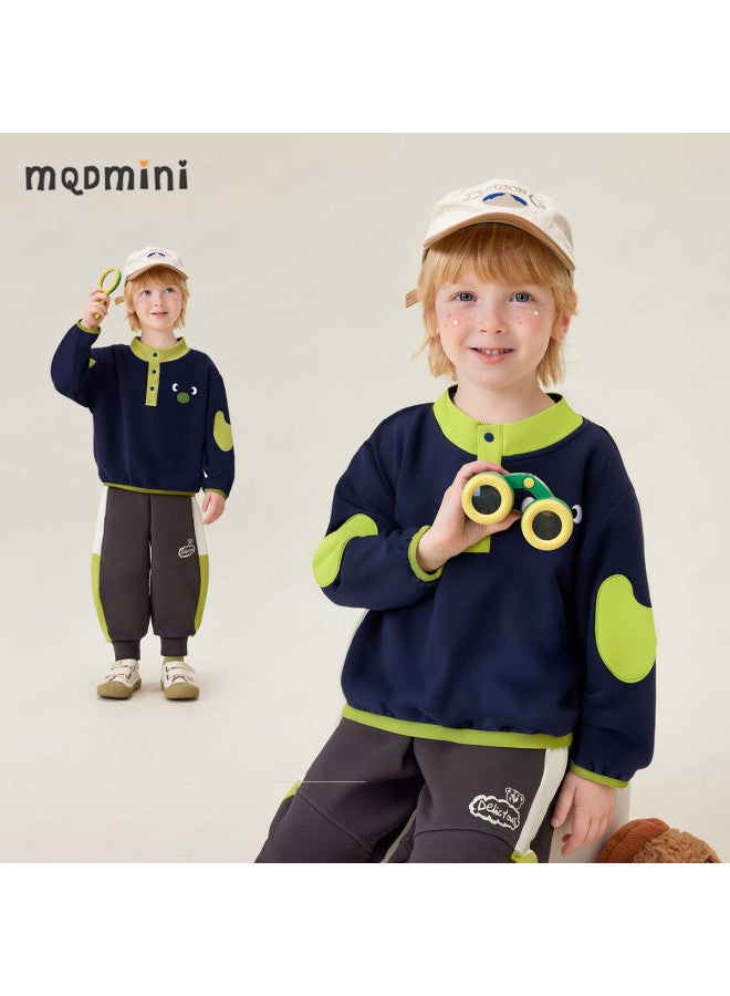 Mqdmini [anti-static] Boys' Spring Sweatshirt Stand Collar Button-up Stylish Versatile Toddler Top - Image 1