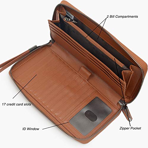 Bveyzi Women RFID Blocking Wallet Leather Zip Around Phone Clutch Large Capacity Ladies Travel Purse Wristlet (Brown) - Image 5