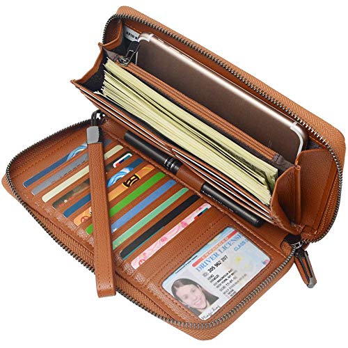 Bveyzi Women RFID Blocking Wallet Leather Zip Around Phone Clutch Large Capacity Ladies Travel Purse Wristlet (Brown) - Image 2
