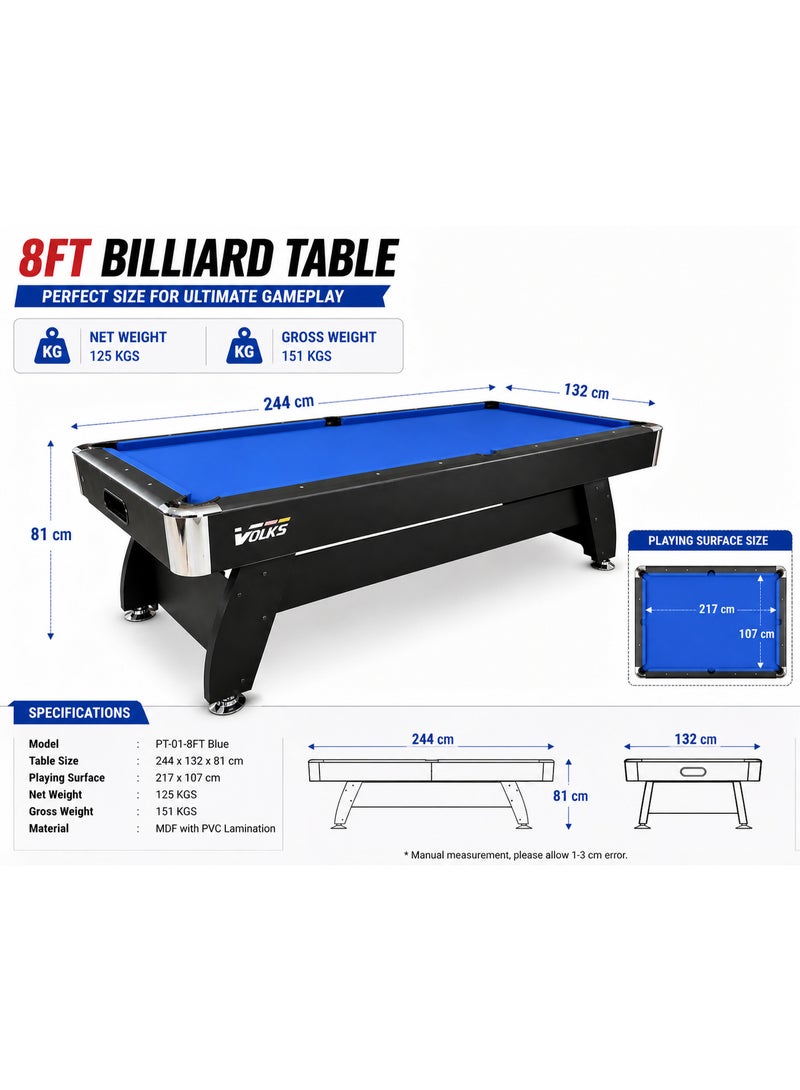 VOLKSGYM 8FT Billiard Table Blue PT-01-8FT | MDF Pool Table with PVC Lamination | Includes Balls, Cues & Accessories - Image 3