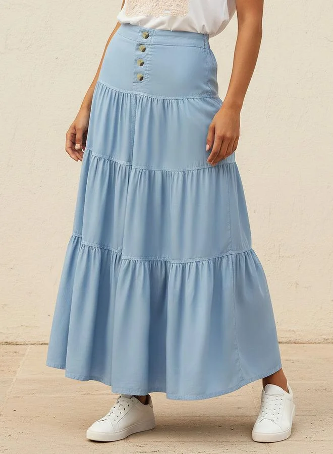 Splash FAV Maxi Length Cotton Tiered Skirt with Button Detail