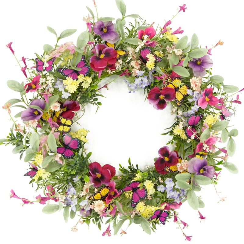 AMF0RESJ Artificial Spring Wreaths for Front Door Pansy Wreath Summer Wreath with Colorful Pansy,Berry,Daisy for Front Door Indoor Outdoor Farmhouse Home Wall Window Festival Decoration - Image 1