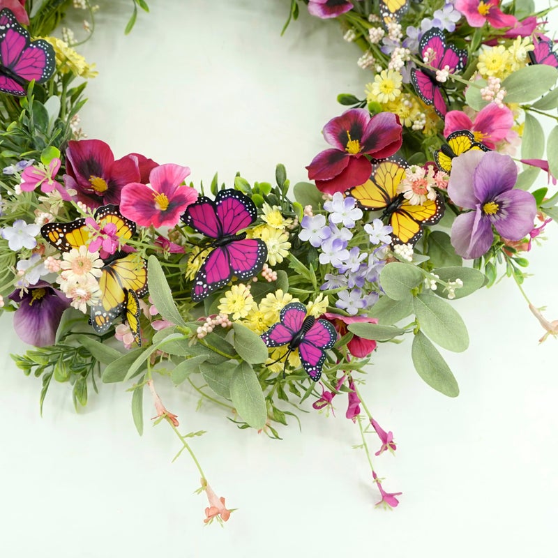 AMF0RESJ Artificial Spring Wreaths for Front Door Pansy Wreath Summer Wreath with Colorful Pansy,Berry,Daisy for Front Door Indoor Outdoor Farmhouse Home Wall Window Festival Decoration - Image 3