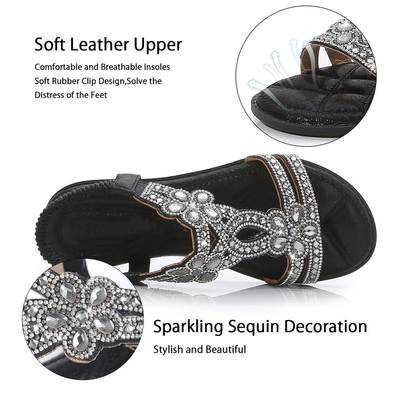 iCKER Women Rhinestone Sandals T-Strap Buckle Bohemian Pearl Crystal Flat Sandals-Black-CH01-8 - Image 3