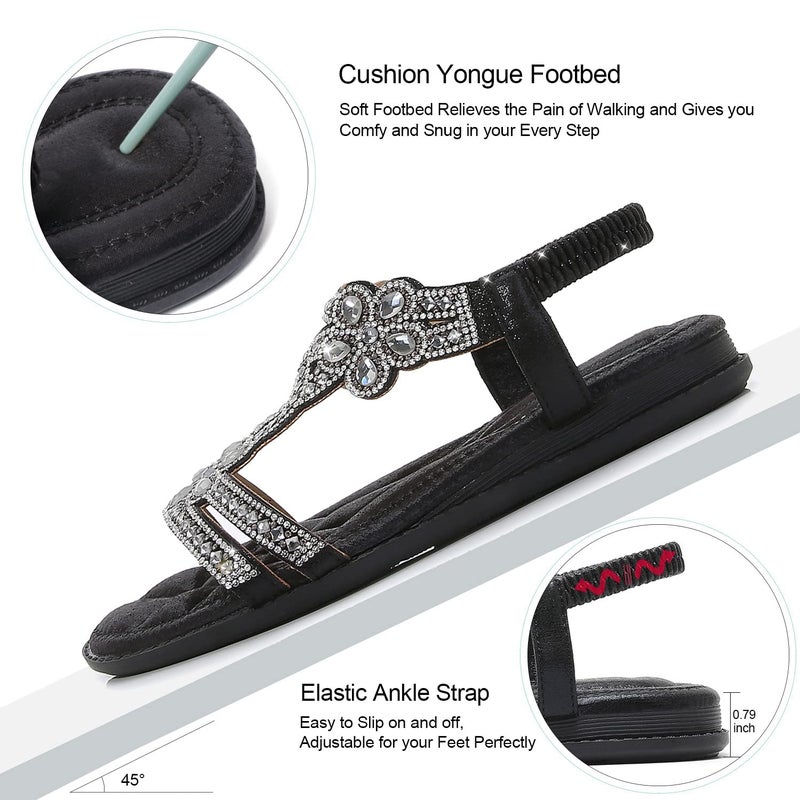 iCKER Women Rhinestone Sandals T-Strap Buckle Bohemian Pearl Crystal Flat Sandals-Black-CH01-8 - Image 4