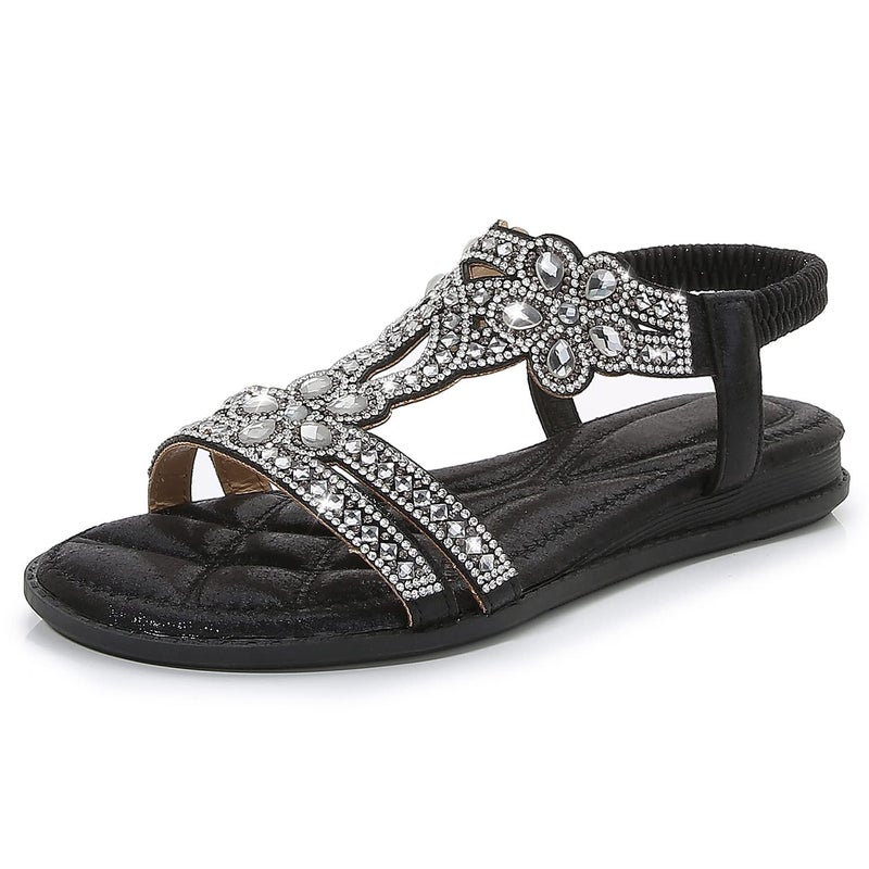 iCKER Women Rhinestone Sandals T-Strap Buckle Bohemian Pearl Crystal Flat Sandals-Black-CH01-8 - Image 1