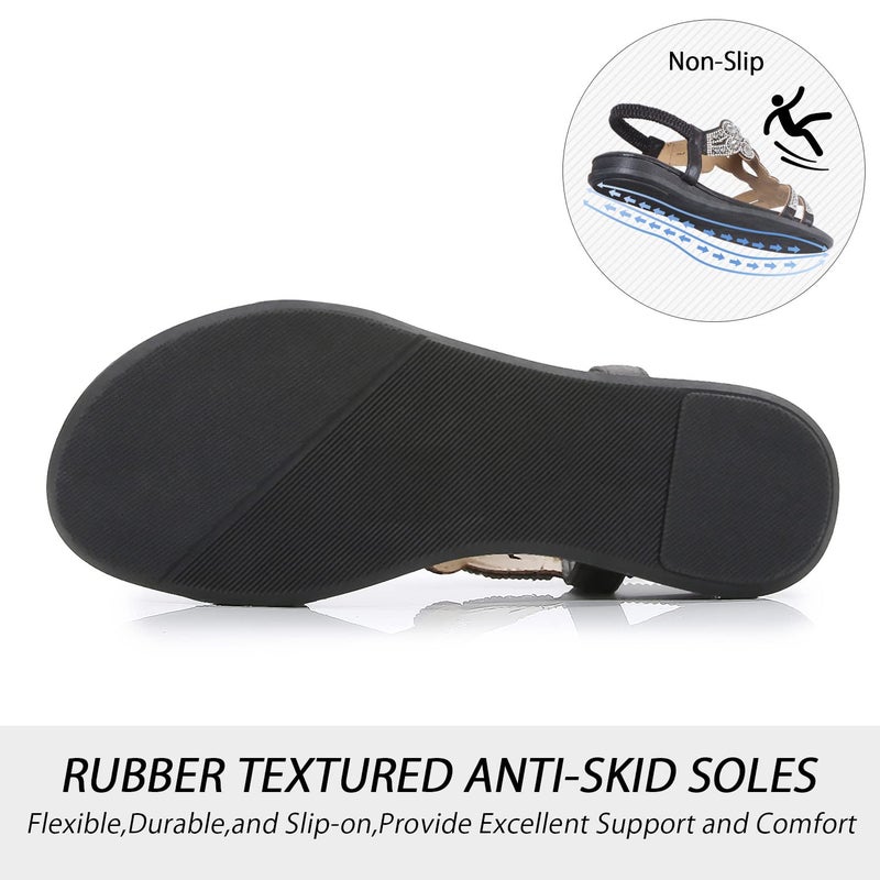 iCKER Women Rhinestone Sandals T-Strap Buckle Bohemian Pearl Crystal Flat Sandals-Black-CH01-8 - Image 5