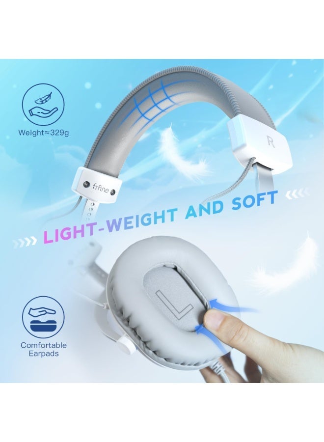 فيفين سماعة رأس للألعاب من FIFINE، مزودة بمنفذ USB، وميكروفون قابل للفصل، وصوت محيطي 7.1، وتحكم في مستوى الصوت، وسماعات رأس سلكية فوق الأذن للبث المباشر، متوافقة مع الكمبيوتر، وPS5، ووحدة التحكم، وXbox-H9، لون أبيض - Image 5