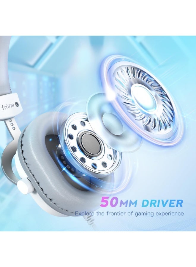 فيفين سماعة رأس للألعاب من FIFINE، مزودة بمنفذ USB، وميكروفون قابل للفصل، وصوت محيطي 7.1، وتحكم في مستوى الصوت، وسماعات رأس سلكية فوق الأذن للبث المباشر، متوافقة مع الكمبيوتر، وPS5، ووحدة التحكم، وXbox-H9، لون أبيض - Image 2