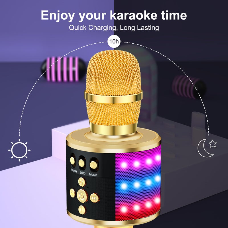 BONAOK Karaoke Microphone for Kids & Adults - Bluetooth Microphones Singing Mic with Disco Lights, Echo Effect, Built-in Speaker Portable Karaoke Player for Party Travel Gifts Q78(Gold) - Image 4