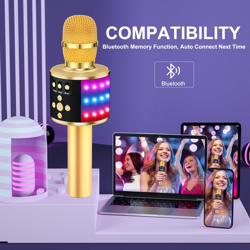 BONAOK Karaoke Microphone for Kids & Adults - Bluetooth Microphones Singing Mic with Disco Lights, Echo Effect, Built-in Speaker Portable Karaoke Player for Party Travel Gifts Q78(Gold) - Image 3