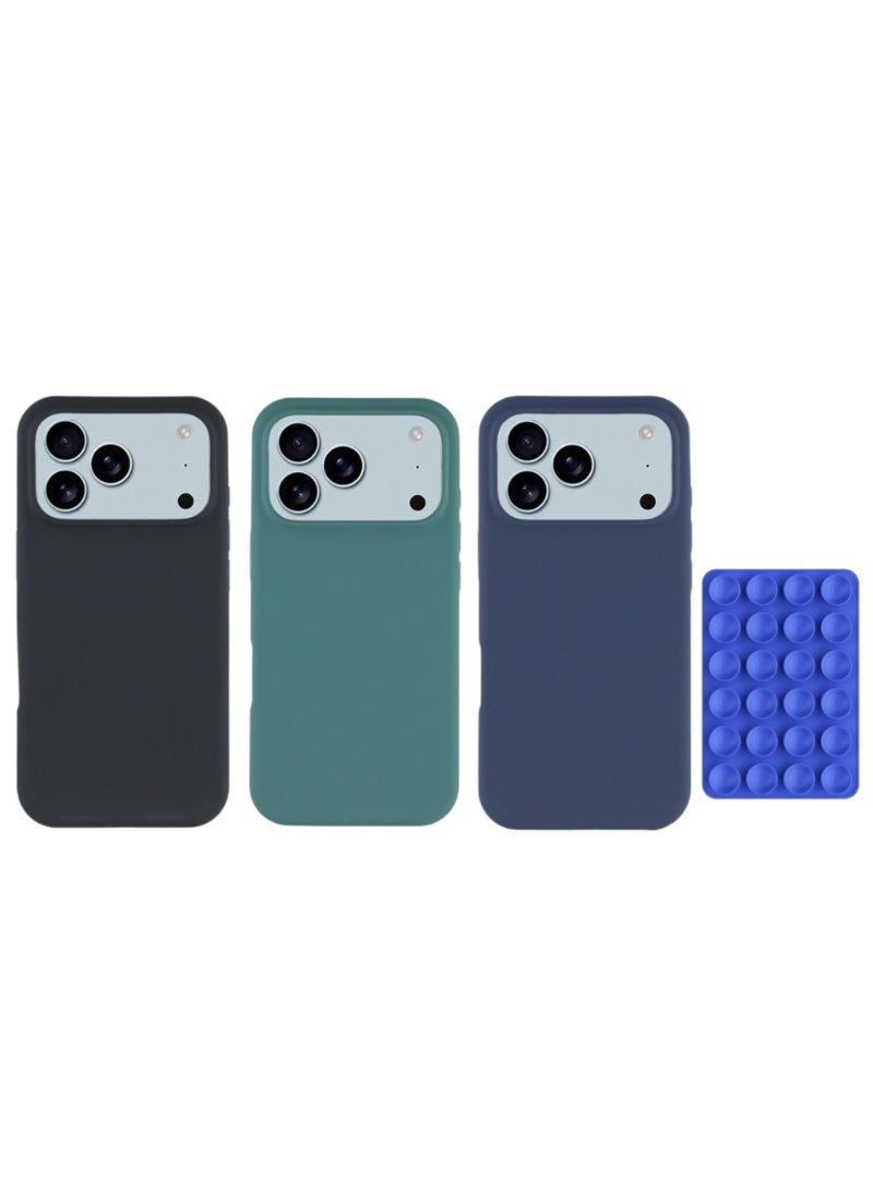 Dg مينغ مجموعة حماية كاملة لهاتف iPhone 17 Pro Max (4 قطع) - 3 حافظات سيليكون سائلة ناعمة (أزرق داكن، أسود، أخضر) + حافظة بمقبض مرآة | غطاء خلفي واقٍ رفيع، مقاوم للصدمات، مضاد لبصمات الأصابع - Image 1