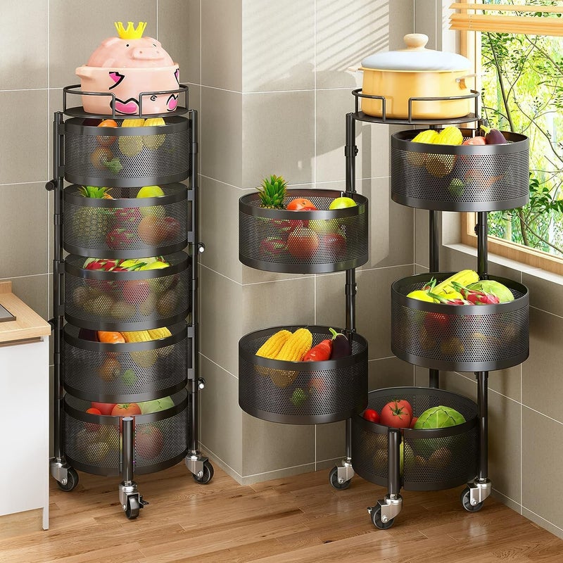 Jet Roy Metal Kitchen Rotating Trolley Portable Storage Rack Round Design Fruits and Vegetable Onion Cutlery Spice Jars Container Basket Organizer Holder Stand for Kitchen Black Layer 4 - Image 2