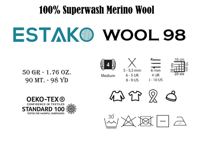 Estako Wool 98 100% Superwash Merino Wool Medium Worsted Weight Soft Knitting and Crochet Yarn 1.76 oz (50gr) 98 yds (90 m) (6387-Blue) - Image 3