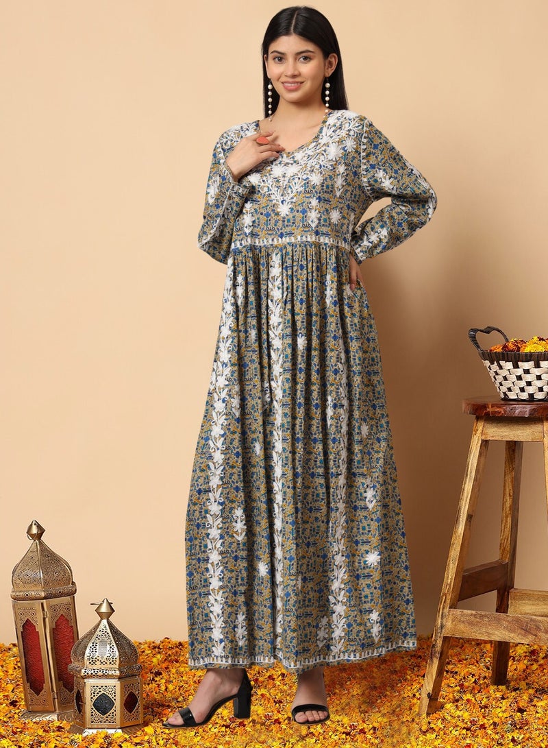 الايا جلابية مطبوعة قطن مولمول مطرزة يدوياً لوكنوي شيكانكاري - Image 1