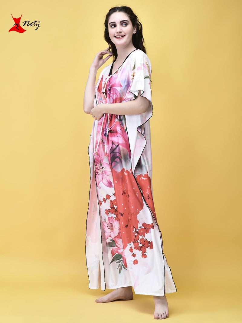 Noty Store Noty Women Polyester Blend Maxi Kaftan Nighty | Digital Print | Sarena Fabric | V Shaped Neck Nightwear | Nightdress (Multicolor Pink, Free Size) - Image 5