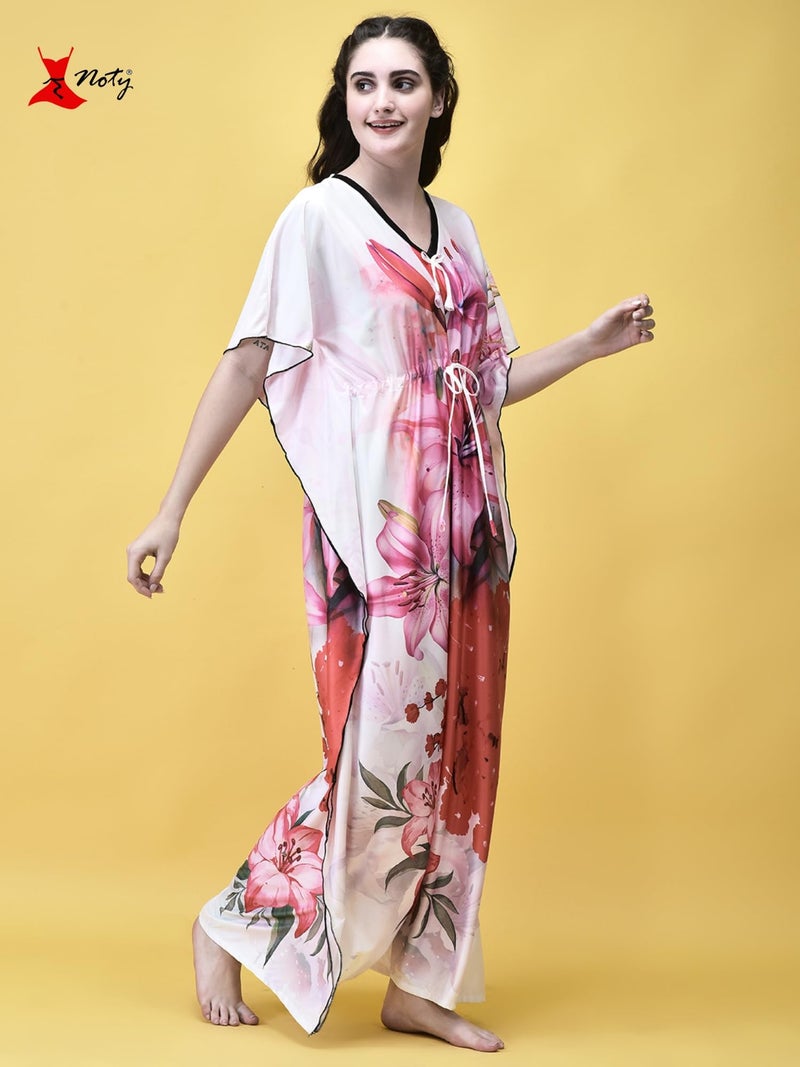 Noty Store Noty Women Polyester Blend Maxi Kaftan Nighty | Digital Print | Sarena Fabric | V Shaped Neck Nightwear | Nightdress (Multicolor Pink, Free Size) - Image 4