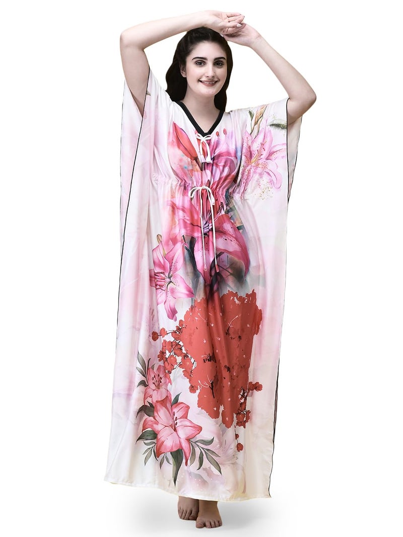 Noty Store Noty Women Polyester Blend Maxi Kaftan Nighty | Digital Print | Sarena Fabric | V Shaped Neck Nightwear | Nightdress (Multicolor Pink, Free Size) - Image 1